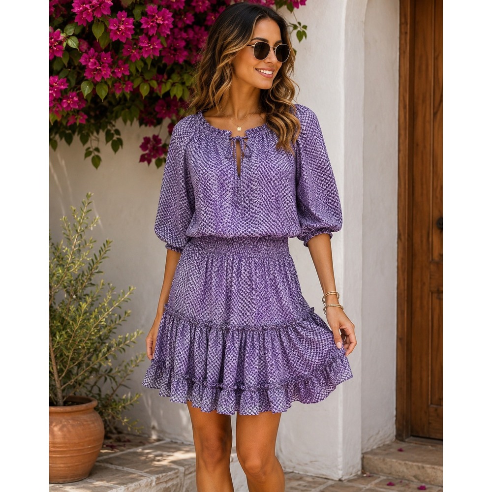 Buddy Love S Lavender Snake Print Smocked Waist Puff Sleeve Tiered Ruffle Boho